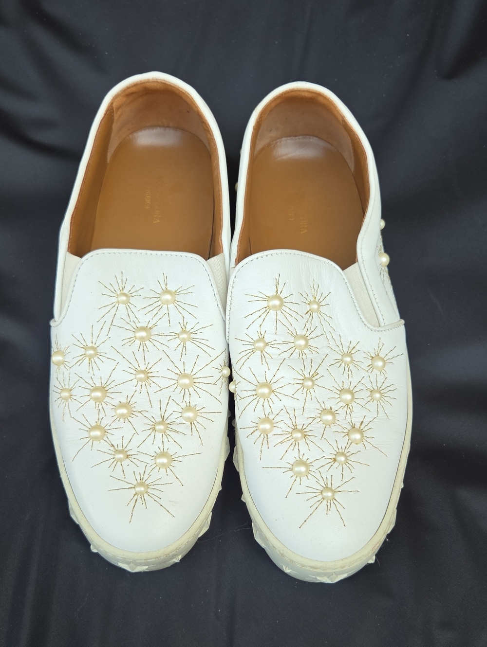 Aquazzura White Pearl & Gold-Embroidered Slip-On Loafers